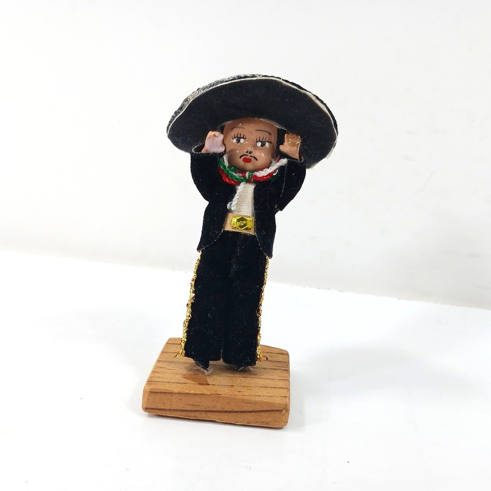 Vintage Miniature Mexican Mariachi Doll Figurine Black Charro Suit Sombrero 3.75